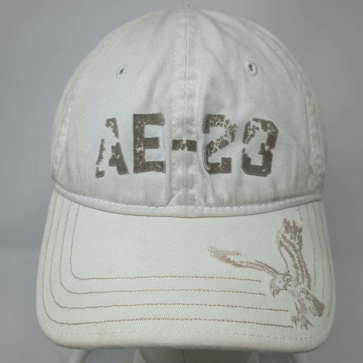American Eagle Baseball Cap White M Logo AE-23 Distressed Stretch Fit Hat 1977