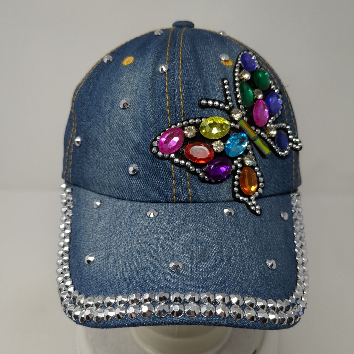 Bedazzled Butterfly Slideback Hat Blue OS Adjustable Rhinestone Beaded Denim