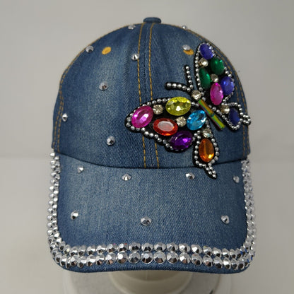 Bedazzled Butterfly Slideback Hat Blue OS Adjustable Rhinestone Beaded Denim
