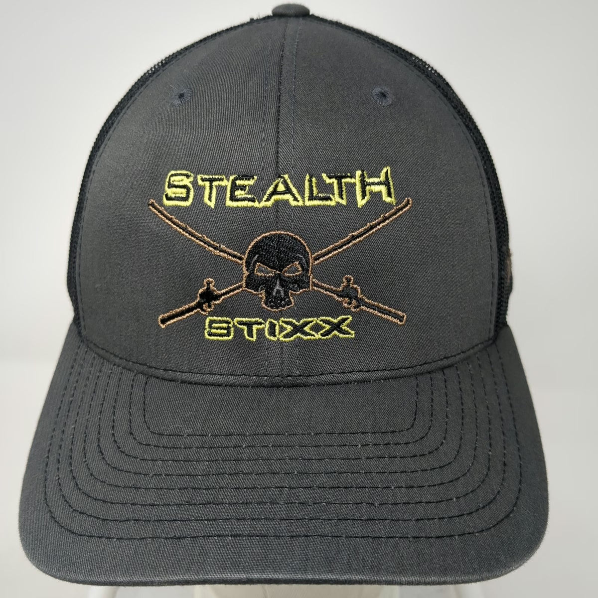 Richardson Trucker Hat Gray One Size Stealth Stixx Fishing Skull Mesh Snapback