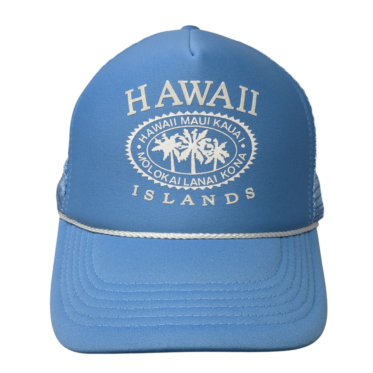 Hawaii Islands Molokai Lanai Kona Trucker Hat Blue OS Adjustable Mesh Back Rope