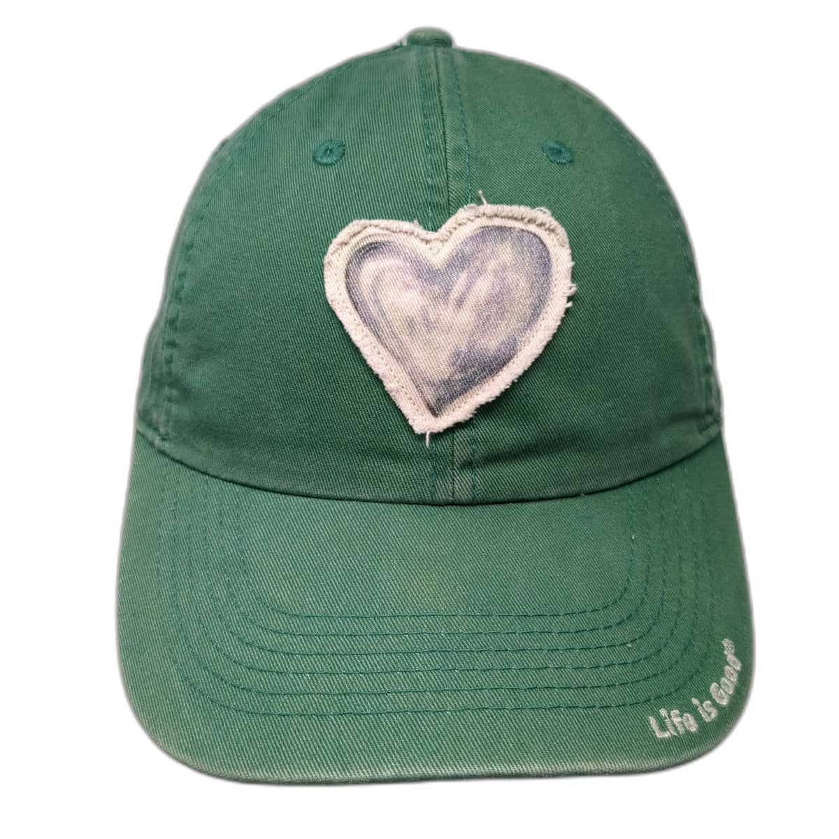 Life is Good Baseball Cap Green One Size Heart Patch Distressed Slideback Hat