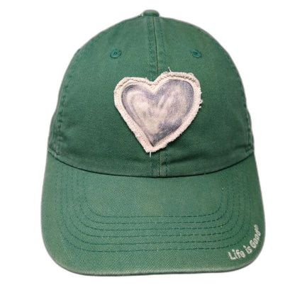Life is Good Baseball Cap Green One Size Heart Patch Distressed Slideback Hat