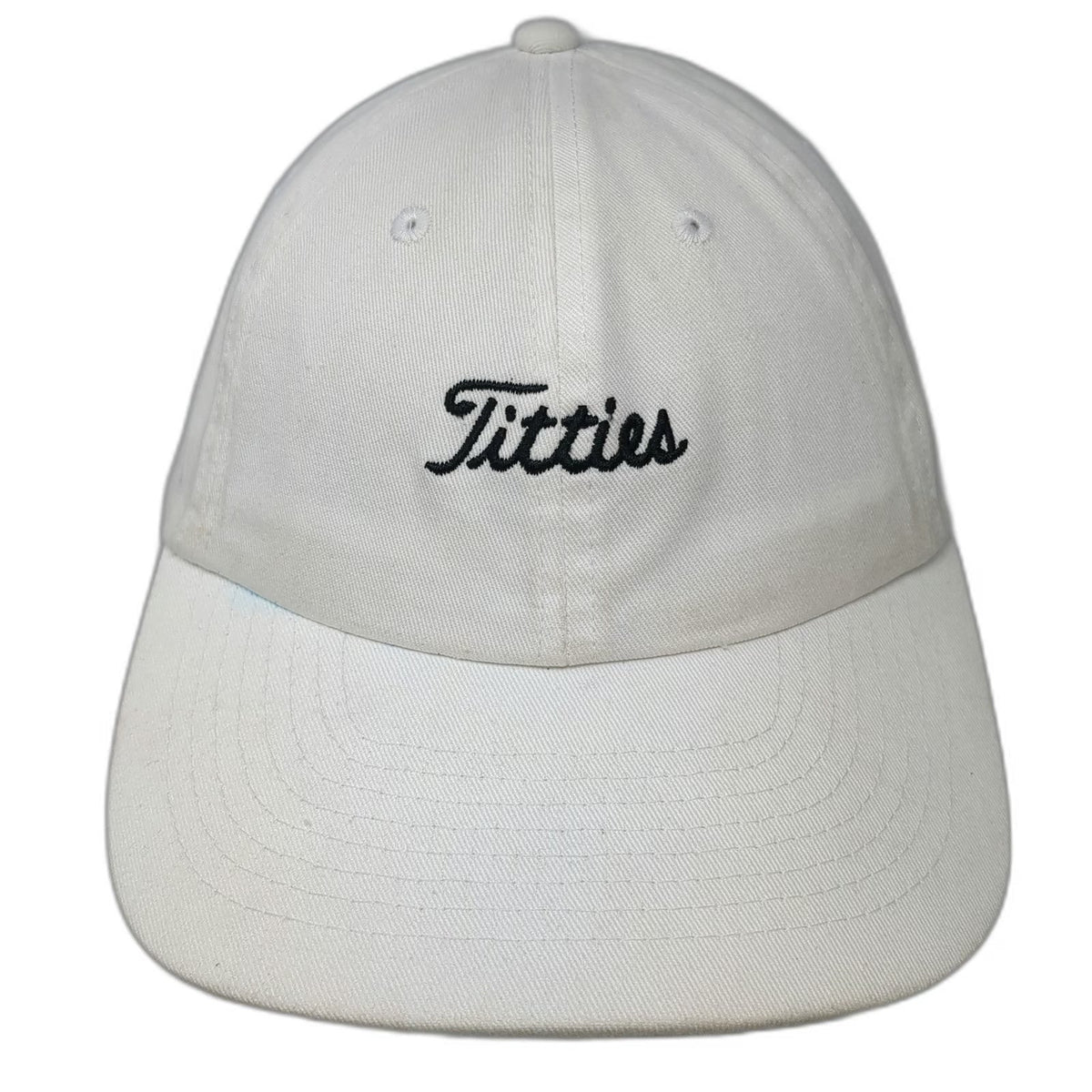 Spencer's Baseball Cap White One Size Titties Black Script Adjustable Cotton Hat