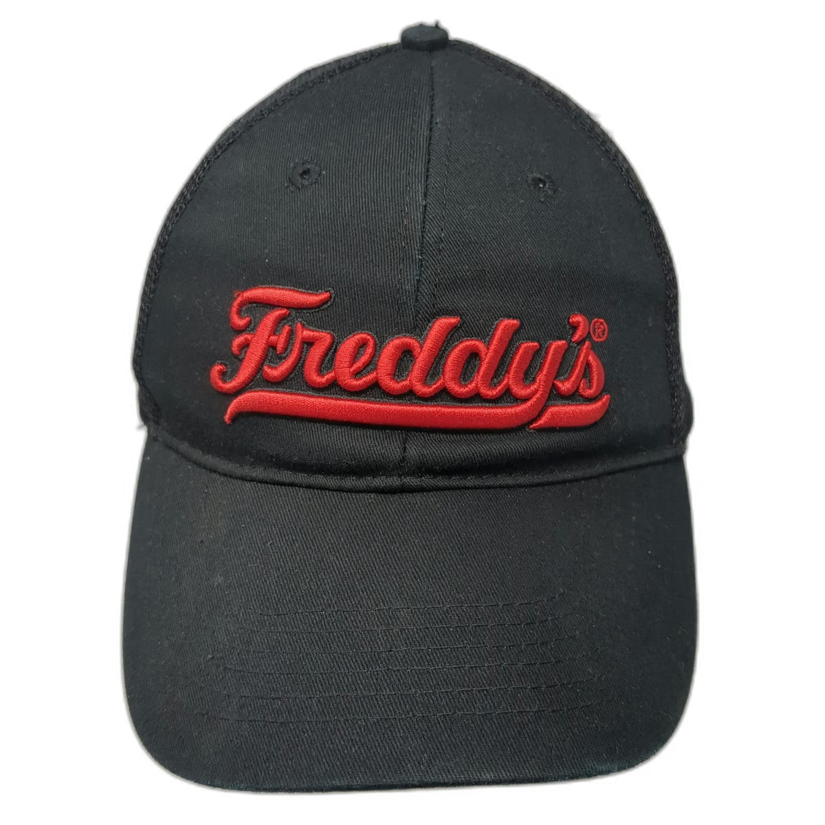 Freddy's Trucker Hat Black One Size Snapback Mesh Back Red Script Logo Graphic