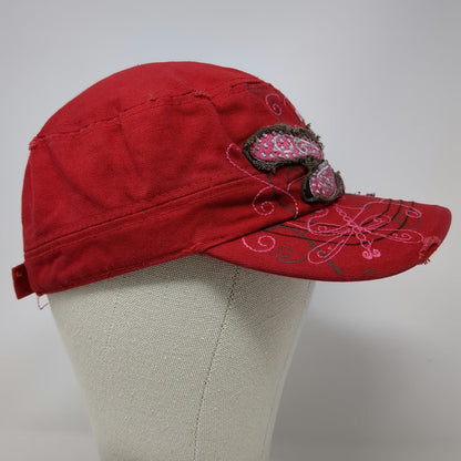 Army Cap Red One Size Dragonfly Rhinestone Distressed Floral Embroidery Hat