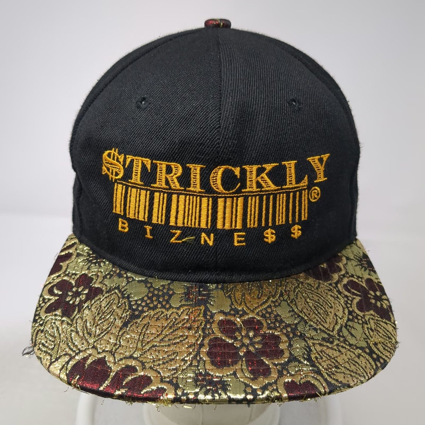 Snapback Black Gold Red OS Floral Brocade Flat Brim Strickly Bizness Logo Hat