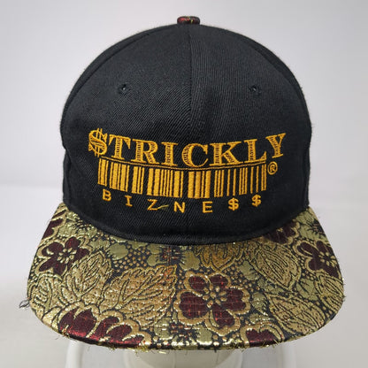 Snapback Black Gold Red OS Floral Brocade Flat Brim Strickly Bizness Logo Hat