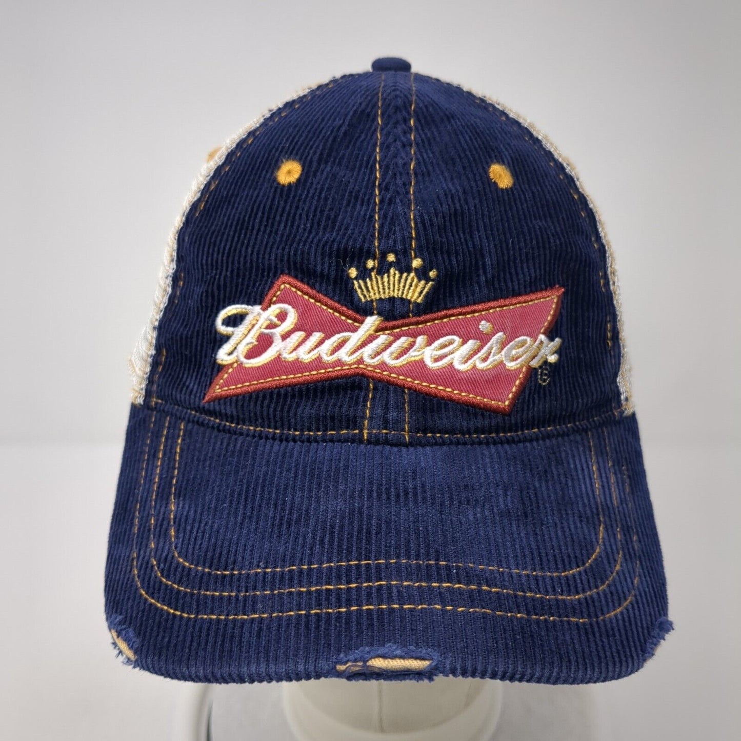 Budweiser Snapback Trucker Hat Blue One Size Adjustable Mesh Back Distressed