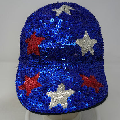 Blue Baseball Cap One Size Sequins Stars Red Silver Patriotic Sparkle Bling Hat