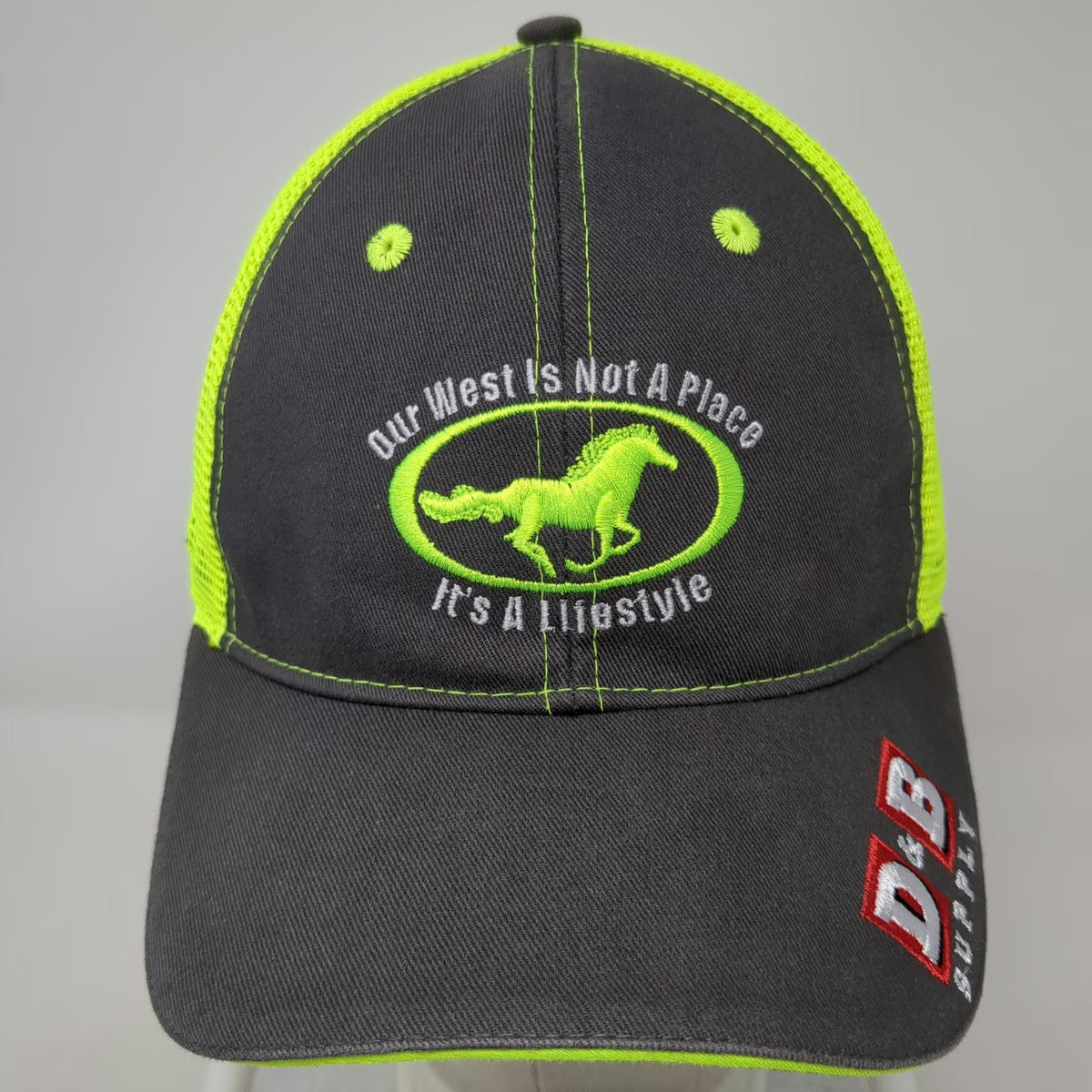 Buck's Bags D&B Supply Trucker Hat Gray Yellow One Size Western Horse Graphic