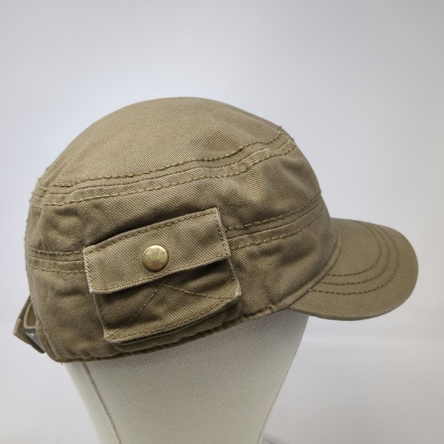 Brown Army Cap Hat One Size Side Pocket Strapback Cotton Solid Plain Utility