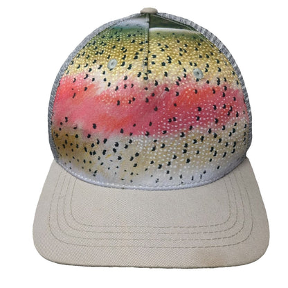 RepYourWater Trucker Hat Gray Beige One Size Rainbow Trout Fish Mesh Back