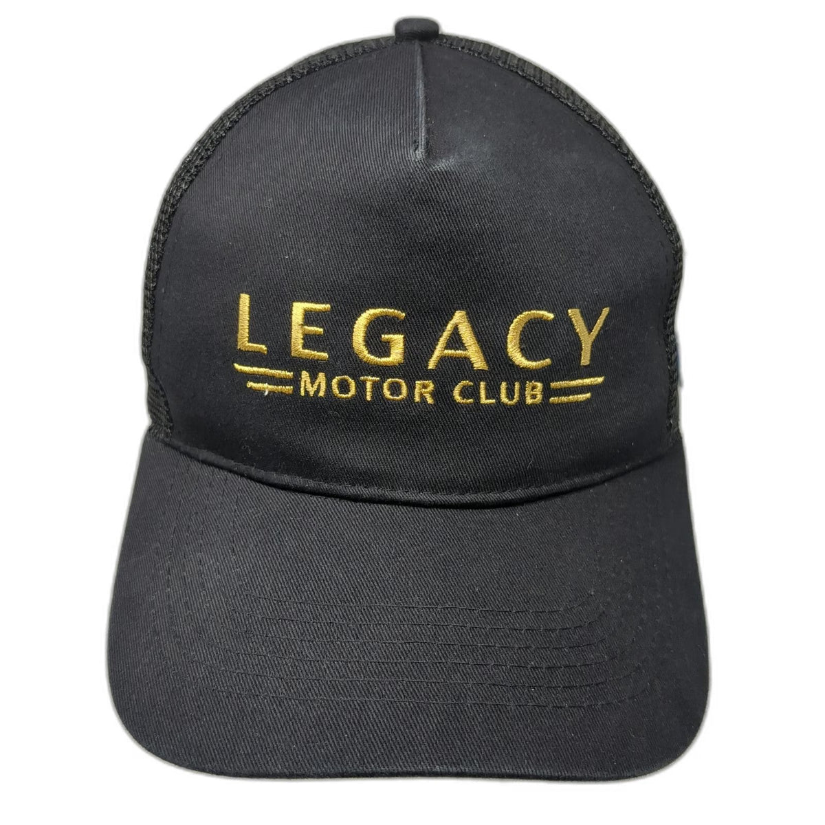 Legacy Motor Club Trucker Hat Black One Size Mesh Back Snapback Gold Embroidery