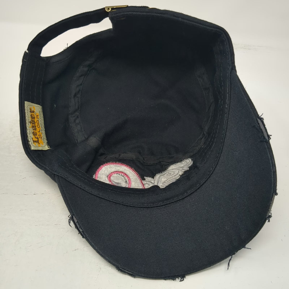Leader Logo Army Cap Black One Size Pink Ribbon Swirl Distressed Rhinestones Hat