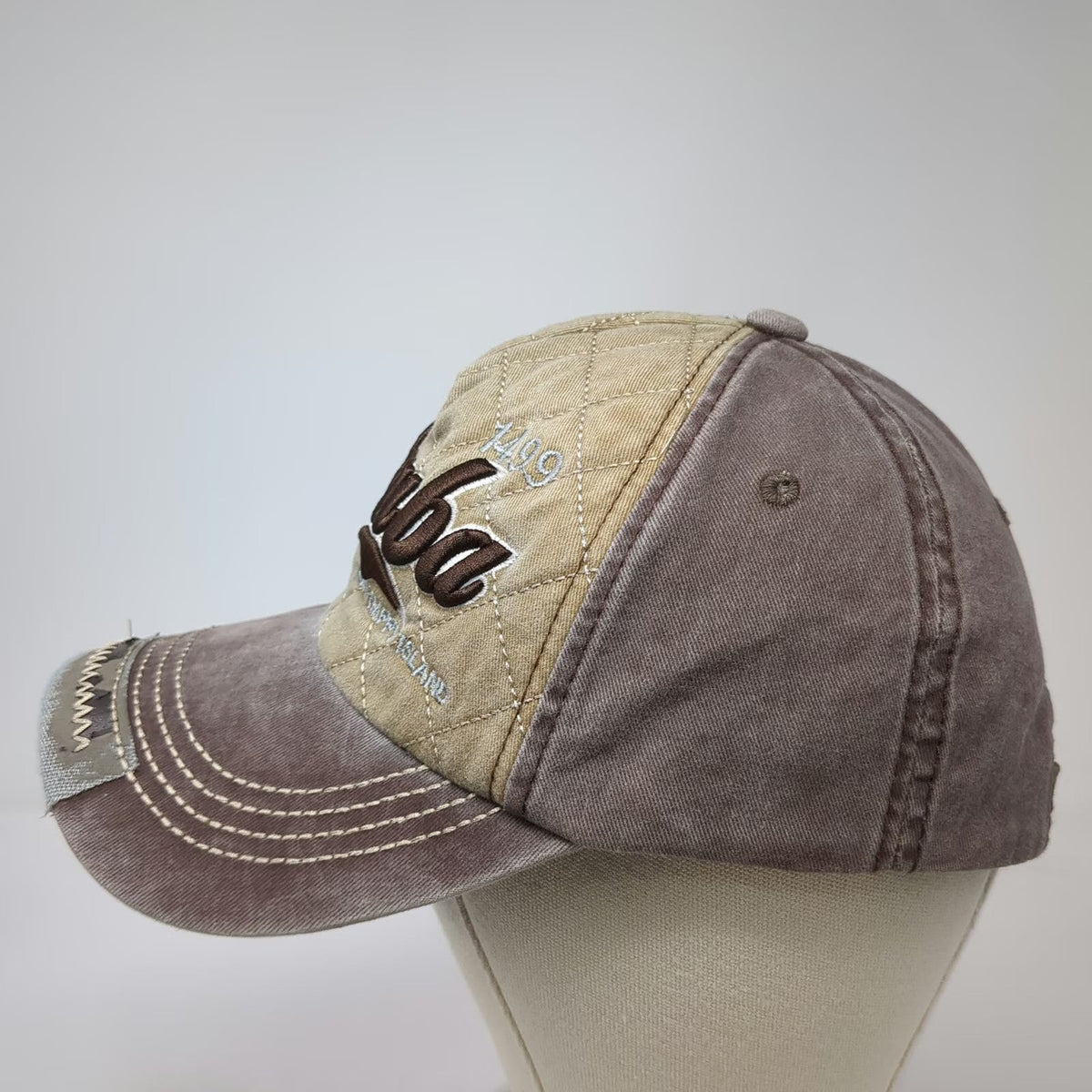 Brown 5 Panel Aruba One Happy Island Hat One Size Quilted Distressed Strapback