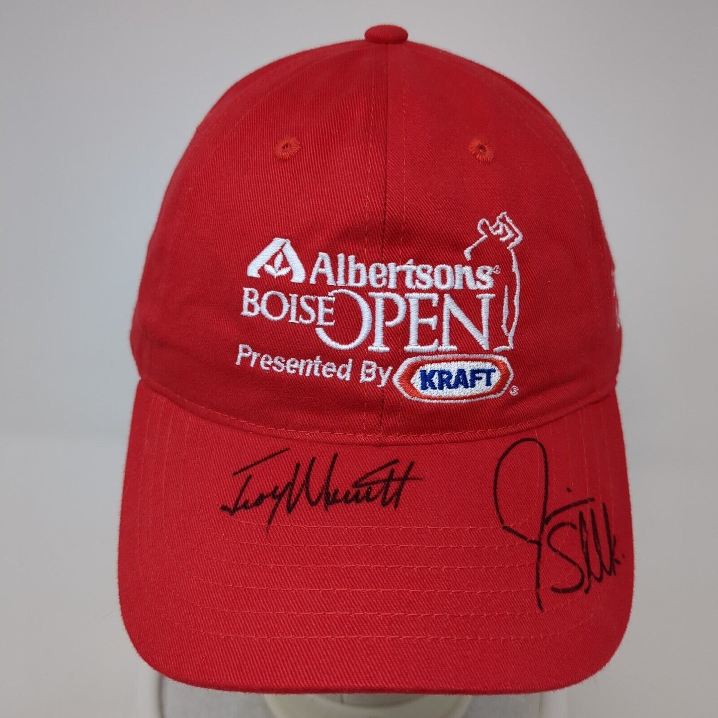 Albertsons Boise Open KRAFT Strapback Hat Red OS Adjustable Authographed Ivory