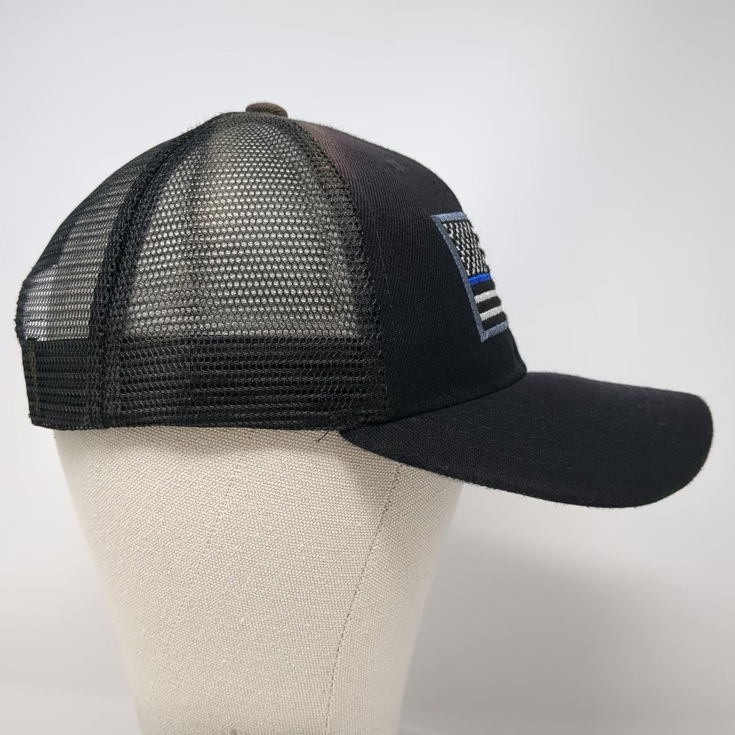 Big Bear Trucker Hat Black One Size Thin Blue Line Flag Patch Mesh Snapback