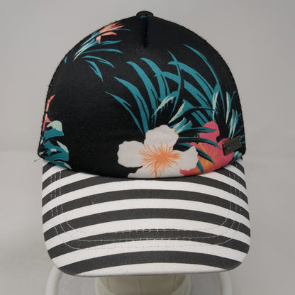 Roxy Trucker Hat Black Floral Hibiscus Striped One Size Mesh Snapback Bill
