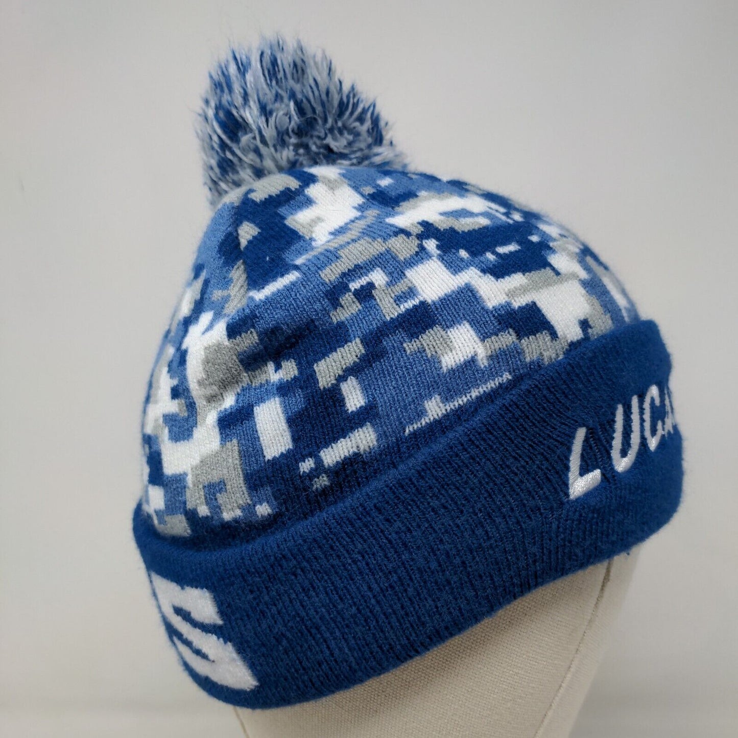 Lucas Oil Men's Knit Beanie Hat Cap Blue Camouflage Acrylic Blend Pom Pom