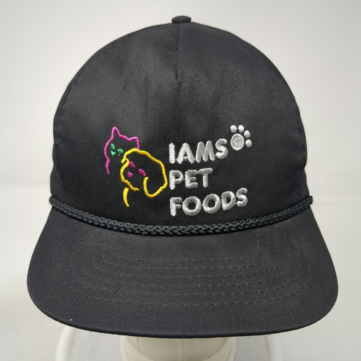 5 Panel Black Hat Rope Snapback Iams Pet Foods Dog Cat Paw Made in USA Vintage
