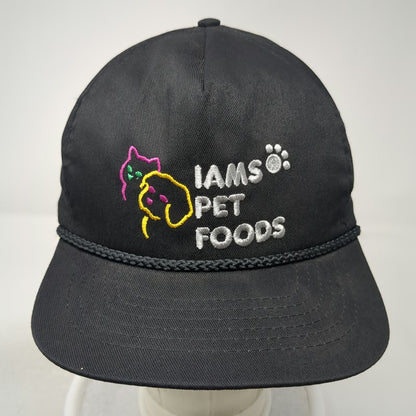 5 Panel Black Hat Rope Snapback Iams Pet Foods Dog Cat Paw Made in USA Vintage