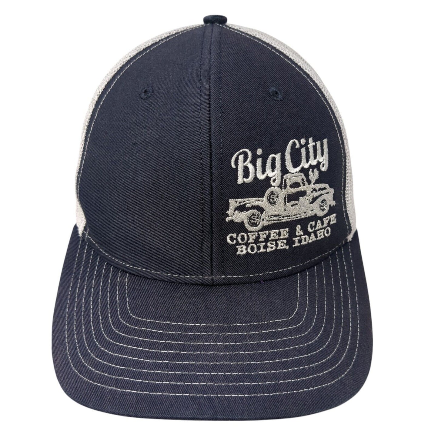 Big City Coffee & Cafe Snapback Trucker Hat Blue One Size Mesh Back