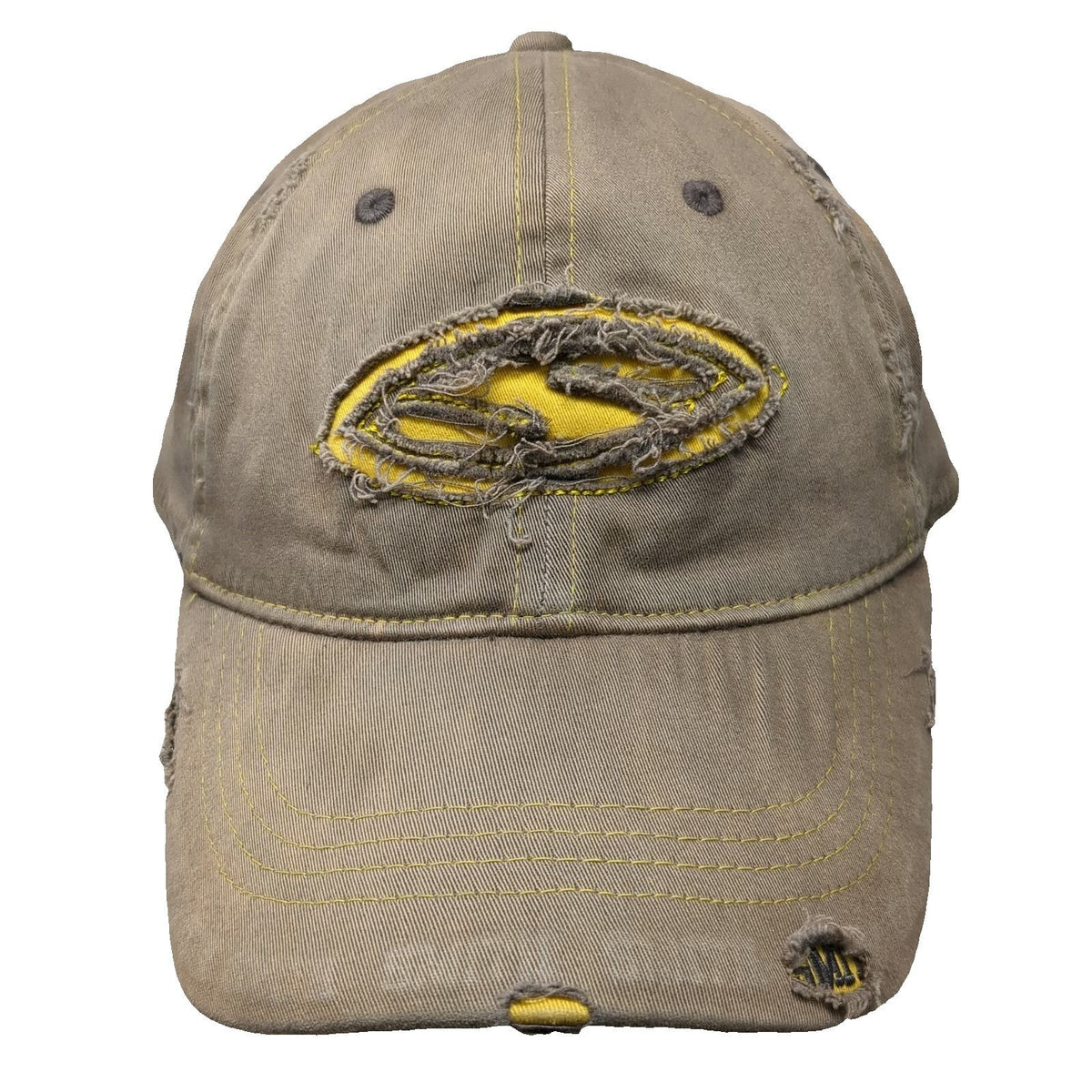 Smith Baseball Cap Brown XL Distressed Yellow Stitching Stretch Fit Logo Hat