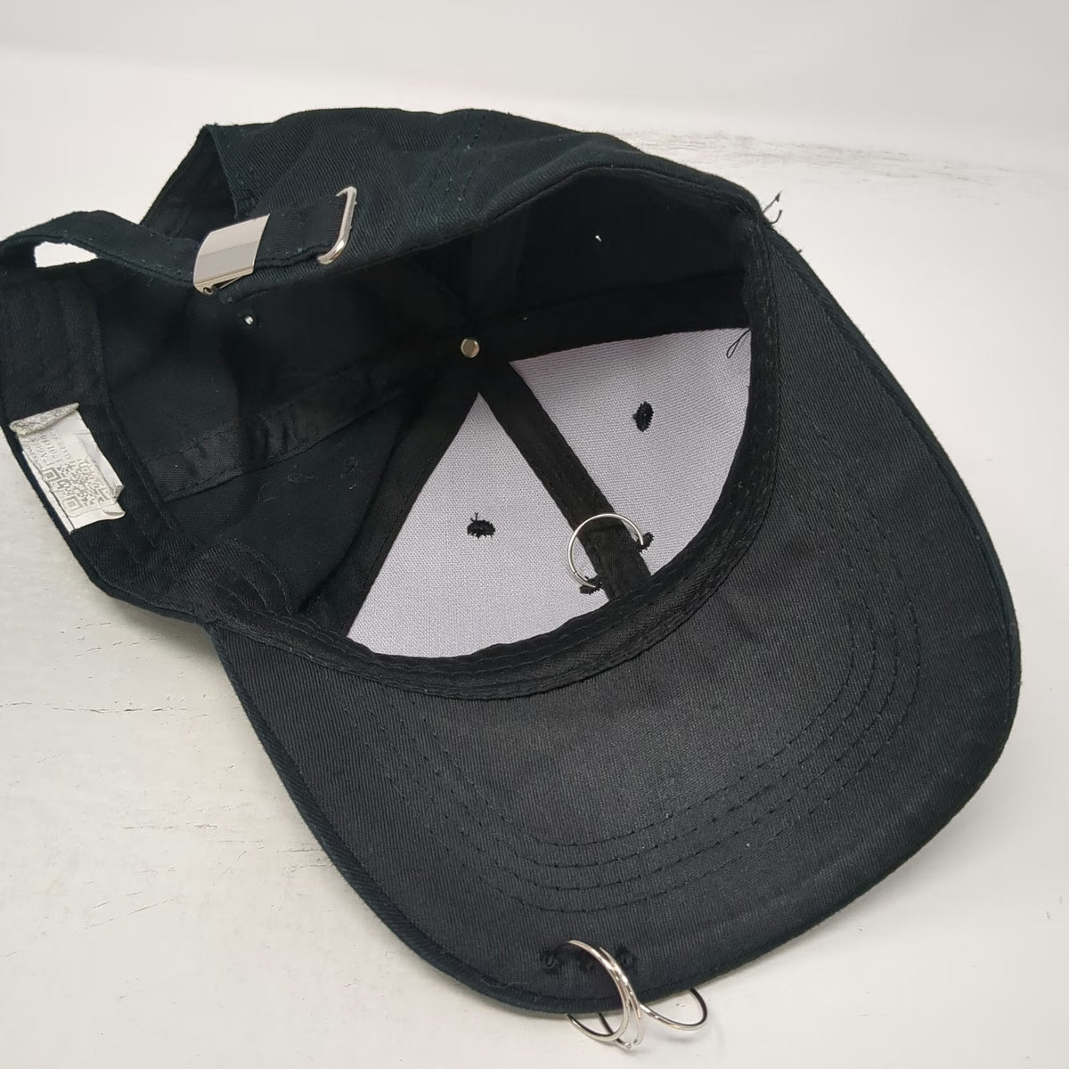 Black Baseball Cap One Size Metal Ring Piercings Distressed Embroidery Hat Punk