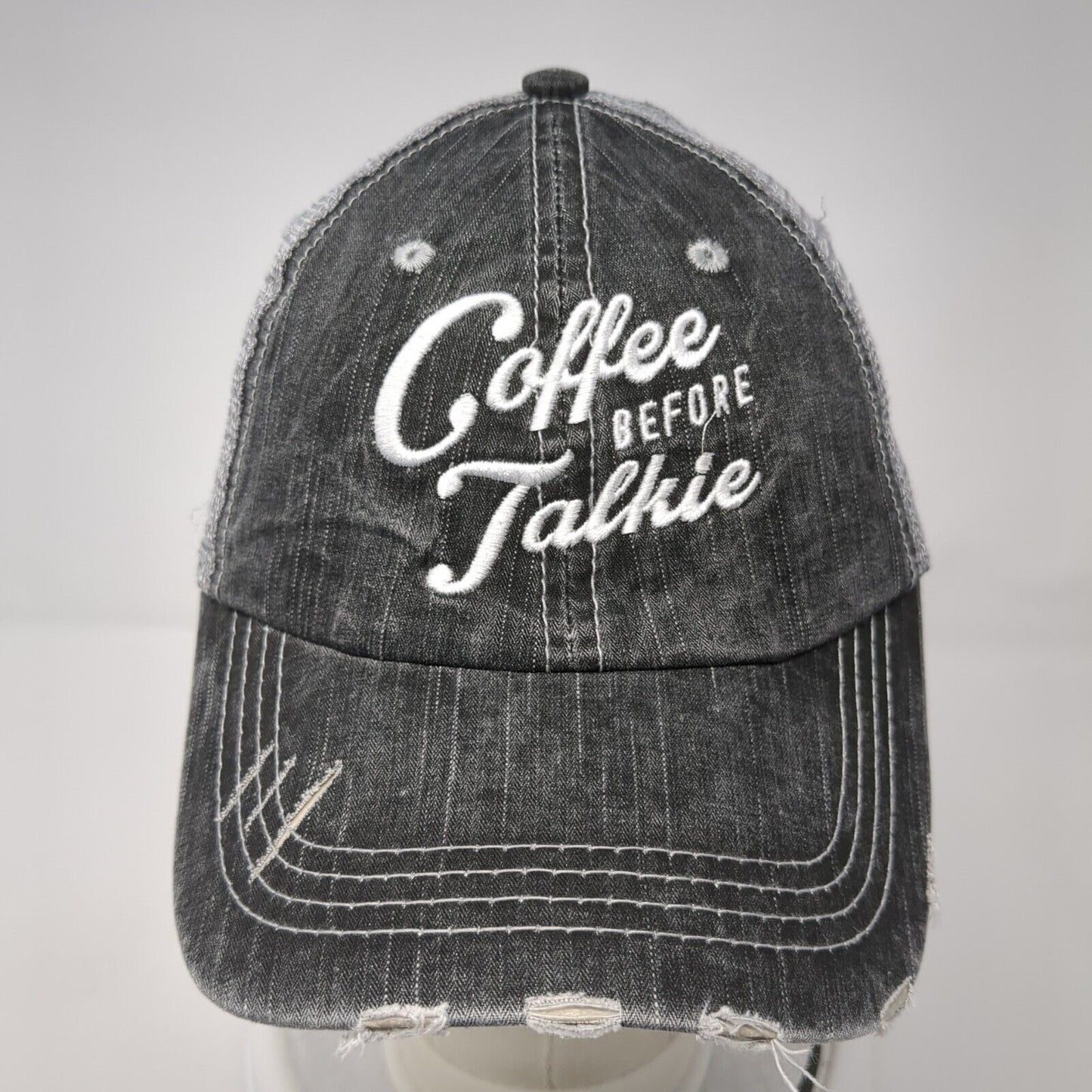 Coffee Before Talkie Strapback Trucker Hat Gray One Size Mesh Back