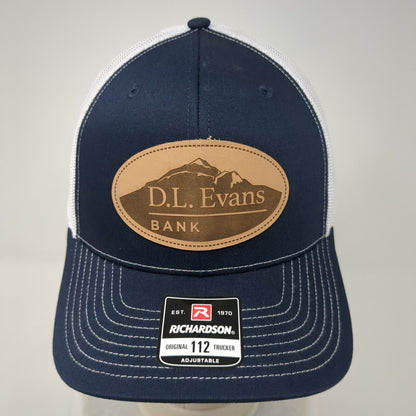 D.L. Evans Bank Patch Snapback Trucker Hat Blue One Size Mesh Back