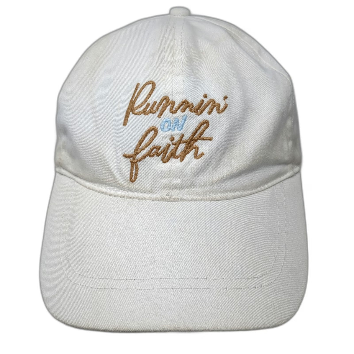 Hallmark Baseball Cap White OSFM Runnin On Faith Blue Cross Slideback Cotton Hat