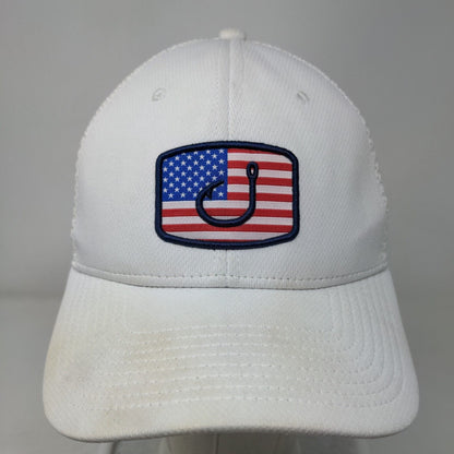 American Flag Fishing Hook Snapback Mesh Back Trucker Hat White OSFM Avid