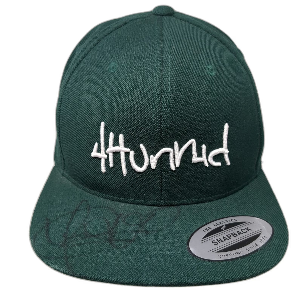 4Hunnid Snapback Hat Green One Size Flat Brim Signed Logo Autograph Yupoong