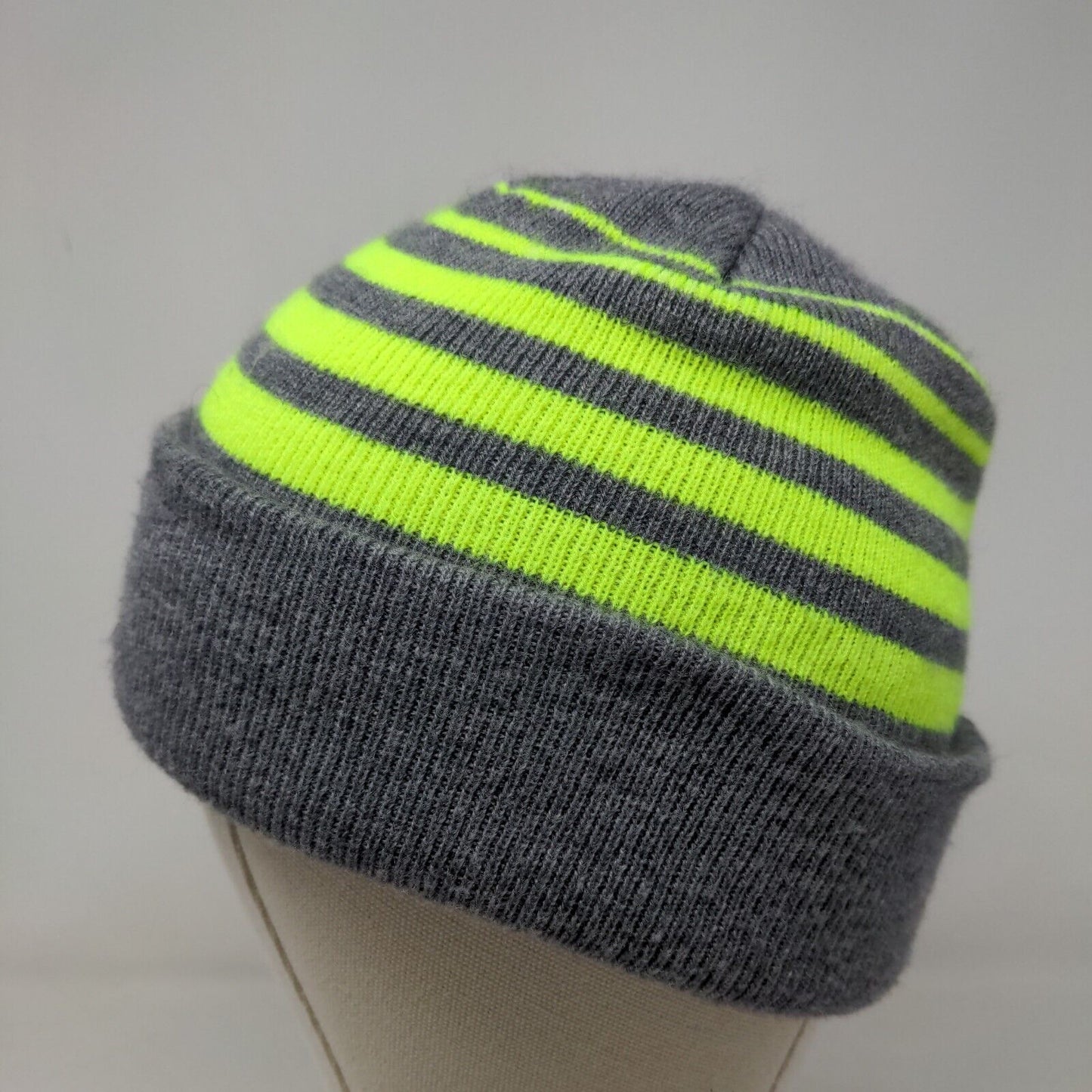 Nike Boy's Knit Beanie Hat Cap Gray Yellow Striped 100% Acrylic Embroidered Logo