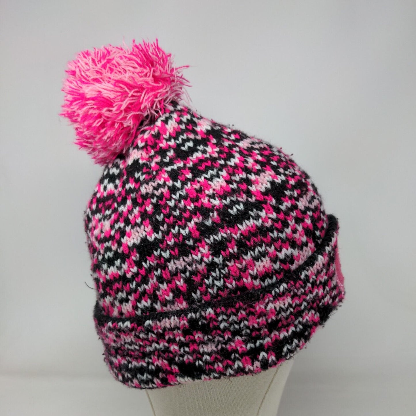 Support The Cure Pink Ribbon Knit Pom Pom Beanie Hat Multicolor OSFM