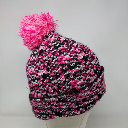 Support The Cure Pink Ribbon Knit Pom Pom Beanie Hat Multicolor OSFM