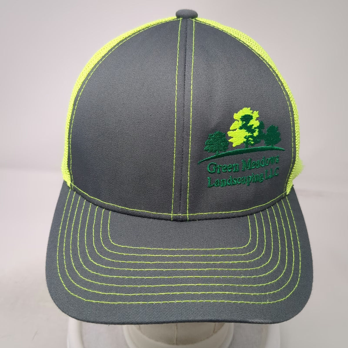 Pacific Headwear Trucker Hat Gray One Size Green Meadows Landscaping Mesh Logo