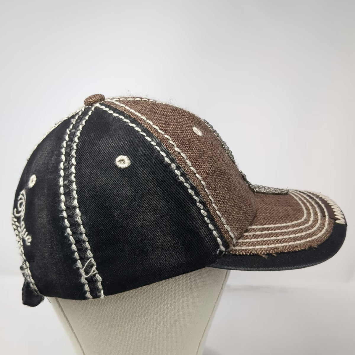 Olive & Pique Baseball Cap Hat Brown Black White OSFM Fleur De Lis Rhinestones
