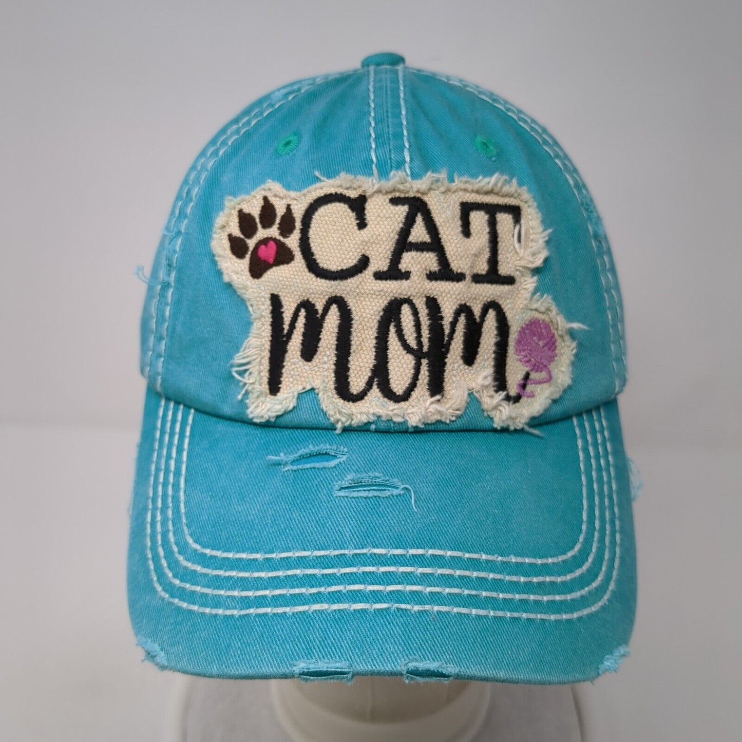 Cat Mom Strapback Hat Blue OS Adjustable Embroidered Distressed KB ETHOS Vintage