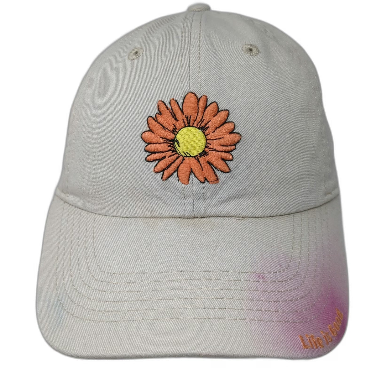 Life is Good Baseball Cap Beige One Size Daisy Flower Pink Spray Effect Hat