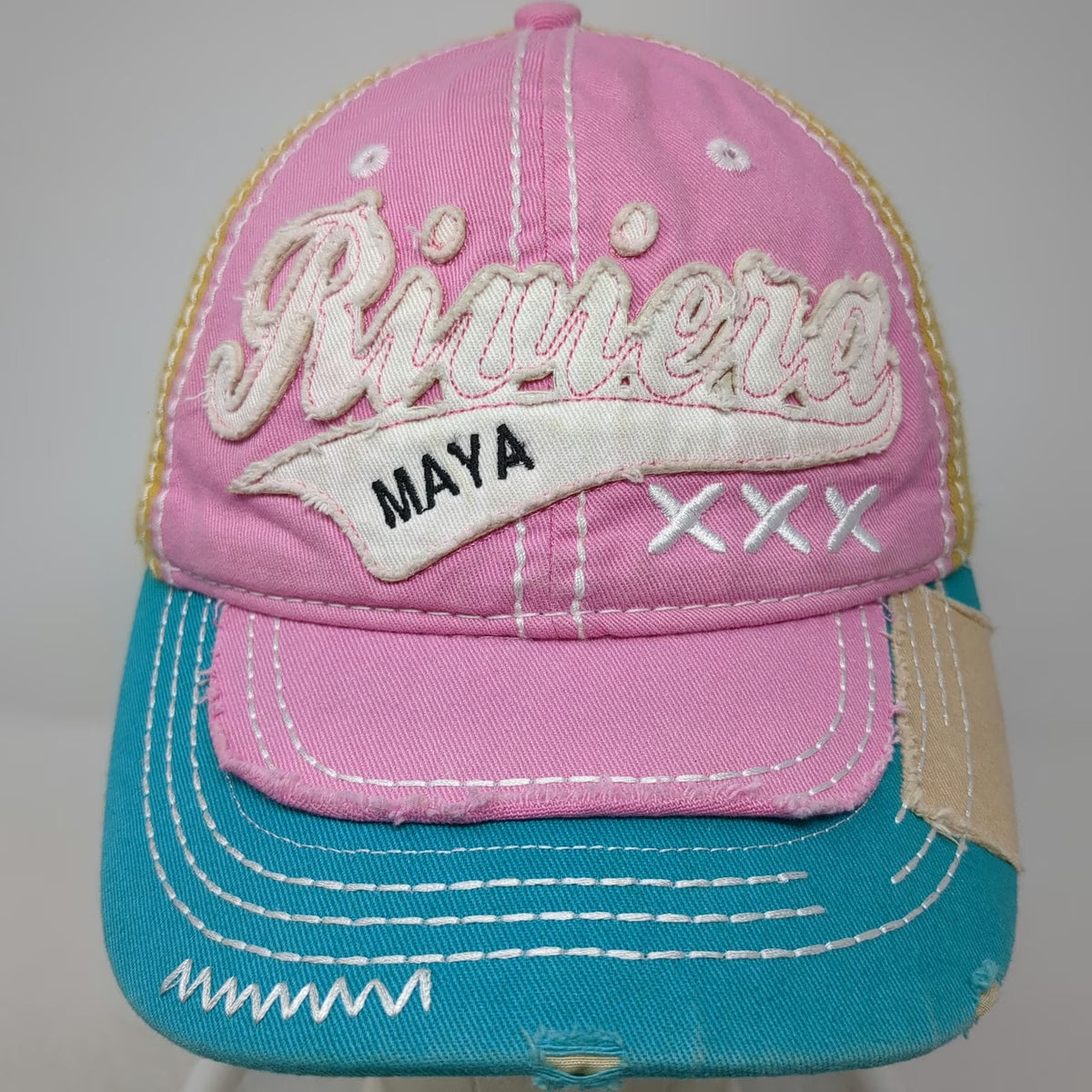 Cotton & Beach Baseball Cap Pink Blue Yellow One Size Riviera Maya Distressed