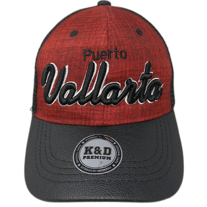 K&D Premium Trucker Hat Red Black One Size Puerto Vallarta Embroidery Mesh Back