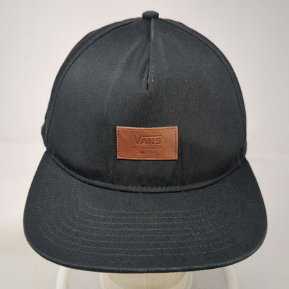 Vans 5 Panel Black One Size Snapback Brown Faux Leather Patch Flat Brim Hat