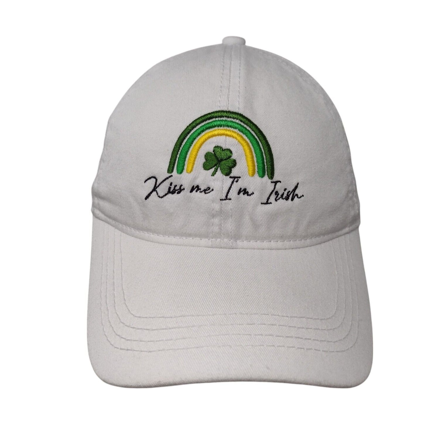 Kiss Me I'm Irish Slideback Hat White OSFM Embroidered Clover David and Young