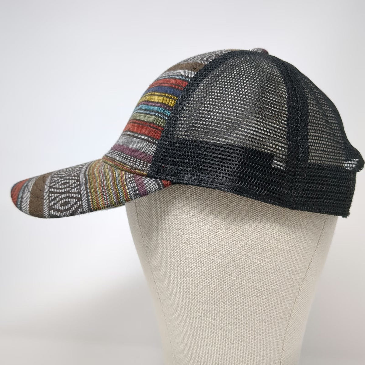 Trucker Hat Black Multi One Size Mesh Back Snapback Striped Woven Pattern Hat