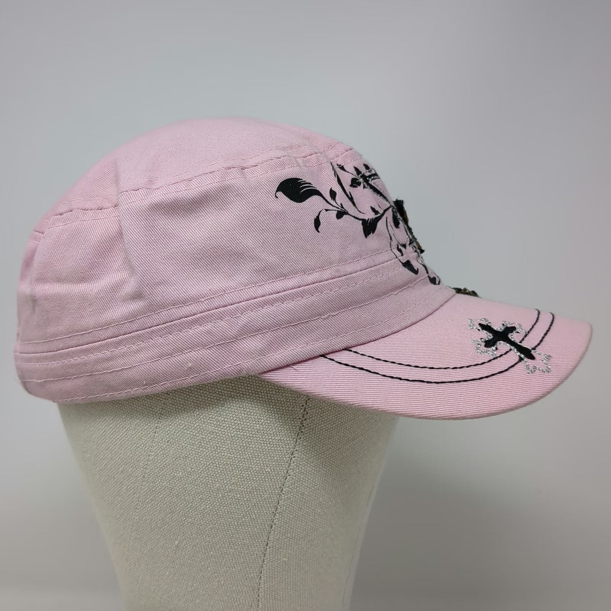 Kbethos Army Cap Pink One Size Beaded Cross Floral Glitter Cotton Adjustable Hat