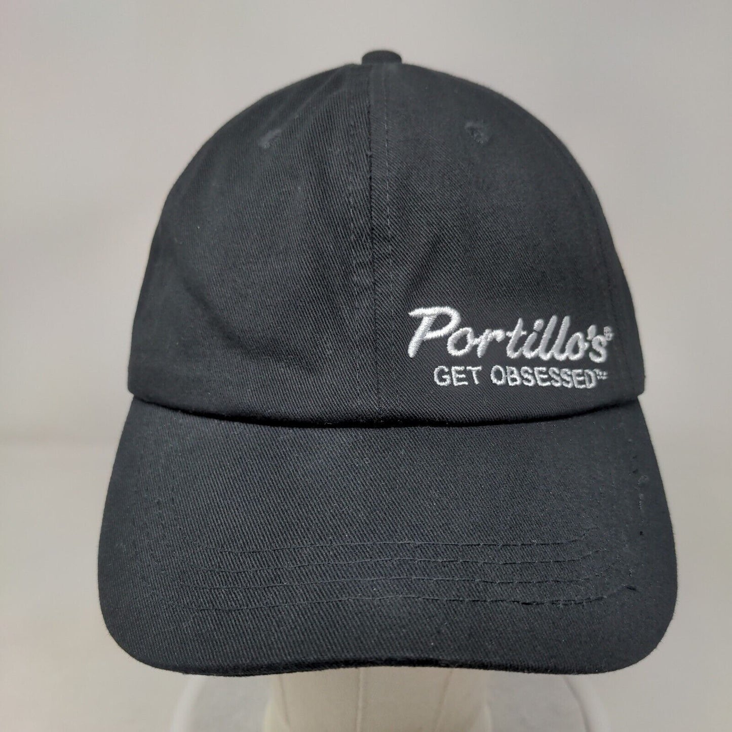 Portillos Slideback Hat Black Embroidered Employee Uniform Logo Adjustable