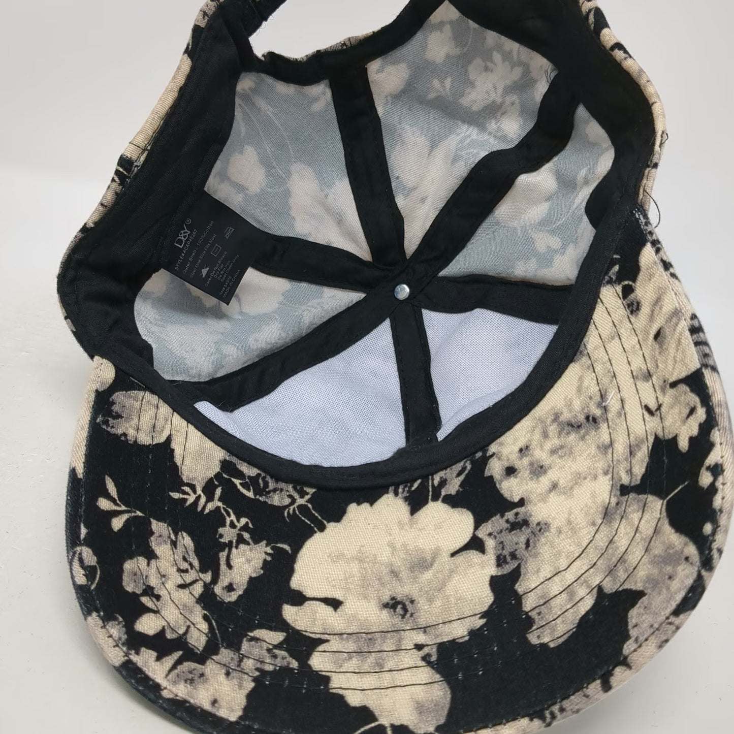 D&Y Baseball Cap Black White Floral Print One Size Adjustable Hat Cotton Strap