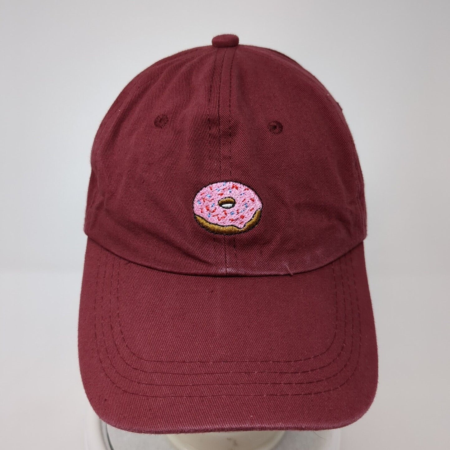 Doughnut Strapback Hat Red One Size Adjustable Embroidered Vented Holes 6 Panel